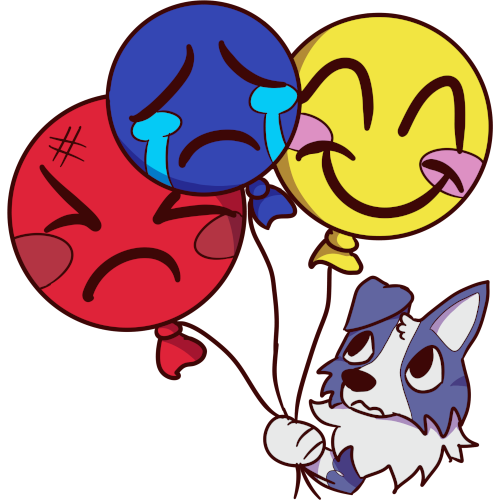 a blue dog holds strings to three very large balloons, one of them is red with an angry face, one of them is blue with a sad face and one of them is yellow with a happy face.